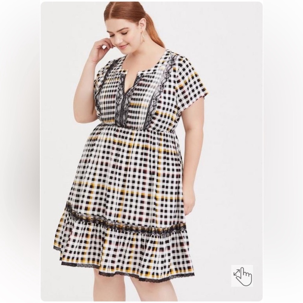 Torrid Midi Challis Skater Dress - B&W Gingham w/ Lace